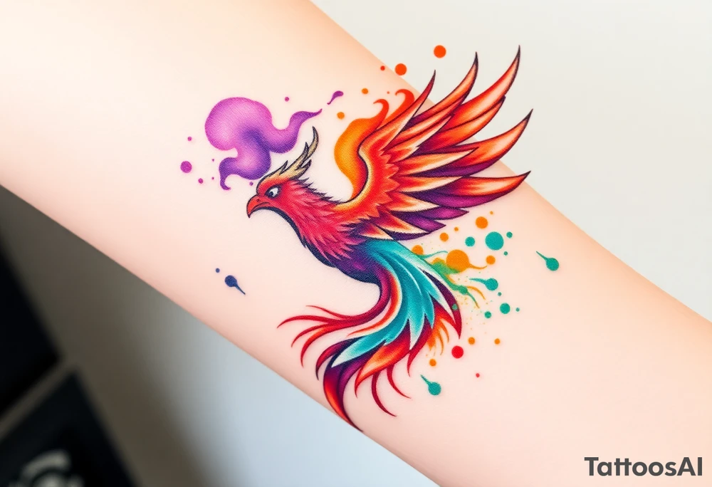 Phoenix engulfed in roaring flames with purple, orange, teal and green splashes tattoo idea