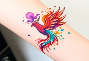 Phoenix engulfed in roaring flames with purple, orange, teal and green splashes tattoo idea