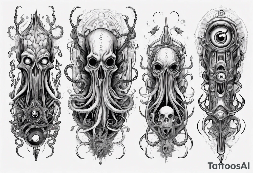 lovecraft long tattoo to put on the forearm, with eye and tentacle tattoo idea
