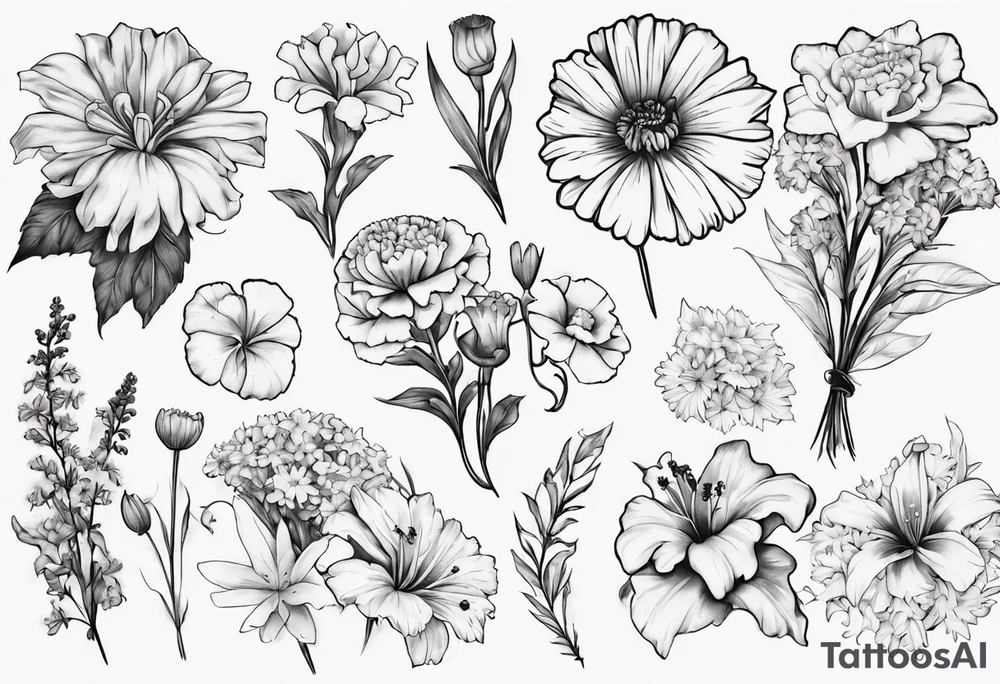 Bouquet of marigolds, lilies, morning glories, asters, violets, and carnations tattoo idea