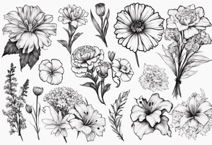 Bouquet of marigolds, lilies, morning glories, asters, violets, and carnations tattoo idea