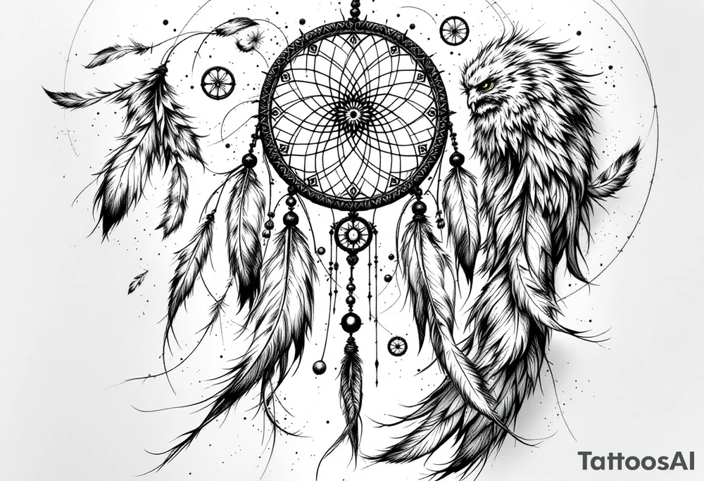 native dreamcatcher with flowing feathers and sacred beads tattoo idea