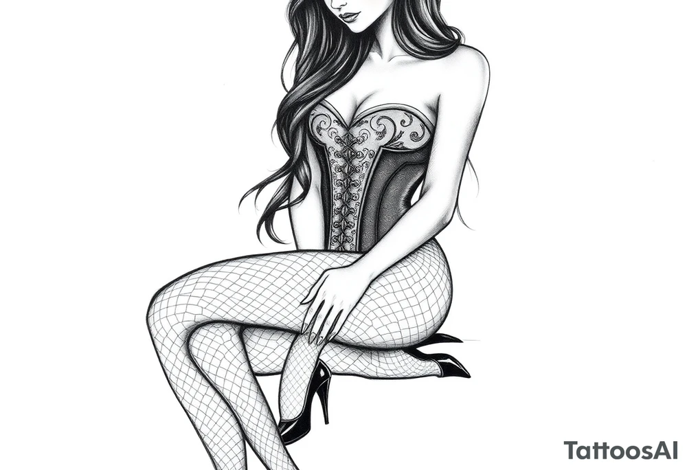 Seated woman with long dark hair, wearing a corset, fishnet tights and black shiny stilettos tattoo idea