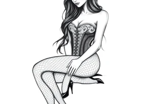 Seated woman with long dark hair, wearing a corset, fishnet tights and black shiny stilettos tattoo idea