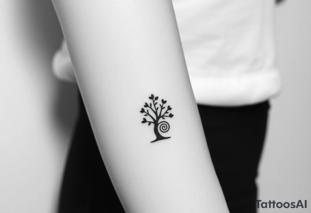 Tree with few leaves, with a SPIRAL line starting from the left side of tree and spiraling outward in a clockwise direction tattoo idea