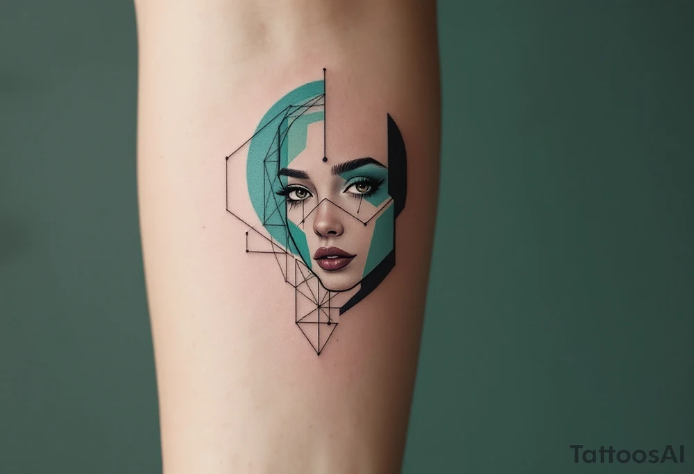 A minimalist design of Caleb from Divergence, depicted with geometric patterns around his face to symbolize intelligence and the mind. The design features teal and green tones, symbolizing his connection to the Abnegation and his scientific nature. Teal, green, black accents. tattoo idea
