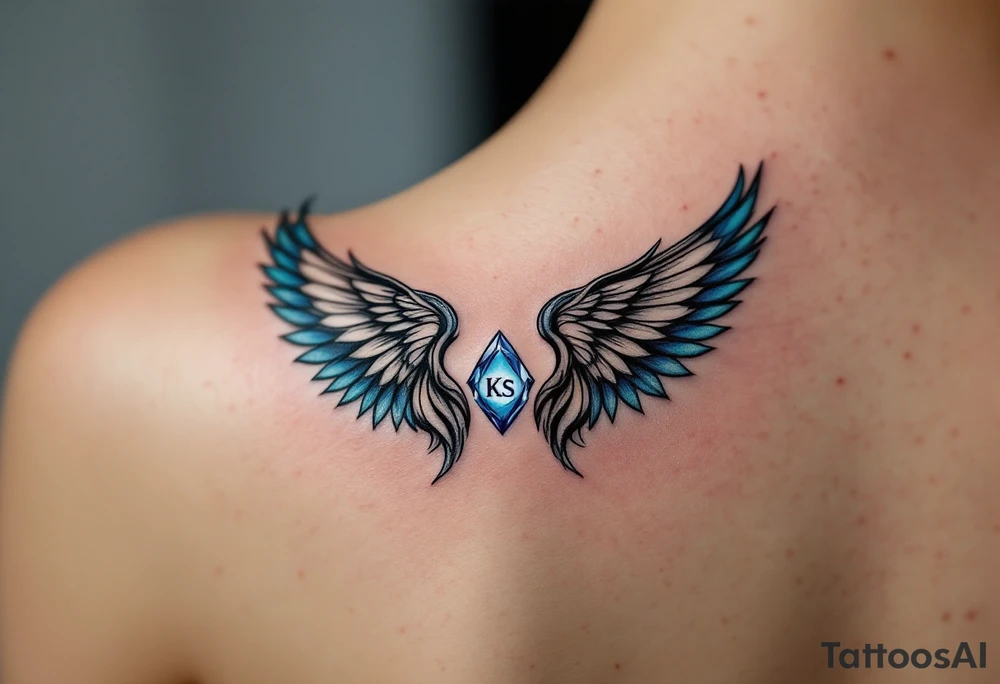 A pair of black ink wings cradling a small, blue gem with the son’s initials KS inside. tattoo idea