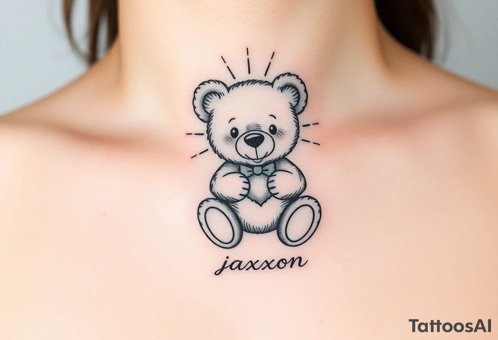 a playful teddy bear with sunshine and the name jaxxon tattoo idea