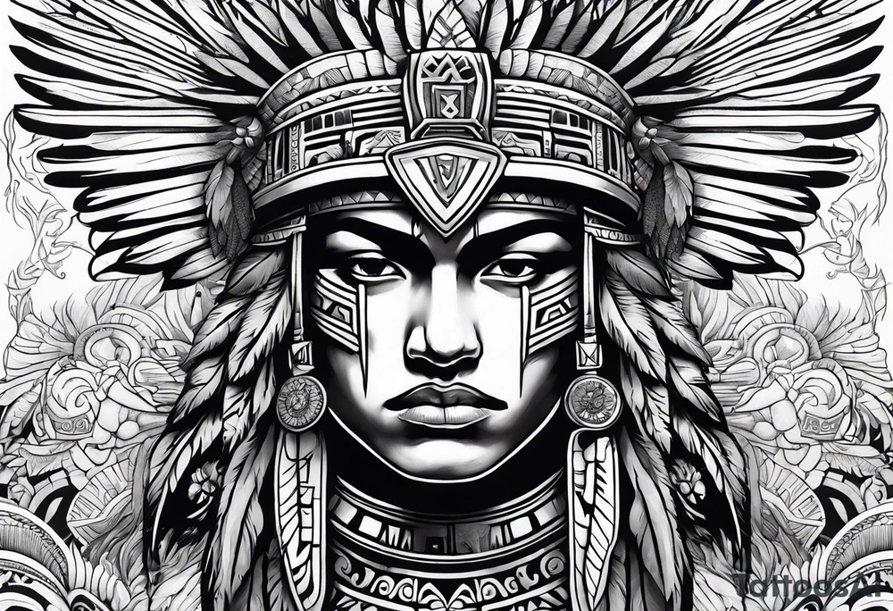 aztec warrior 
, with mexican roots and with eagle or exotic birds in the background with angel wings tattoo idea