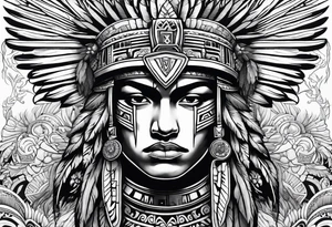 aztec warrior 
, with mexican roots and with eagle or exotic birds in the background with angel wings tattoo idea