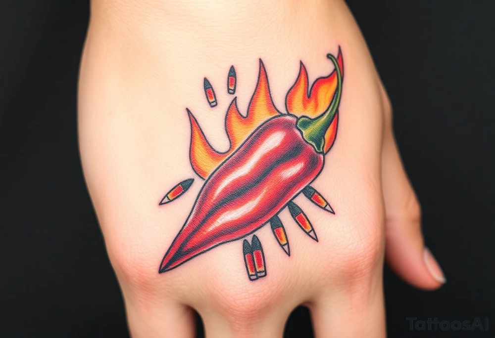 Chili pepper with flames and raining bullets tattoo idea