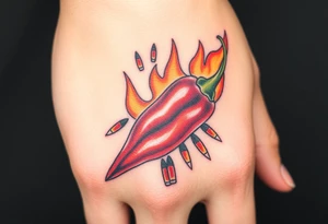 Chili pepper with flames and raining bullets tattoo idea