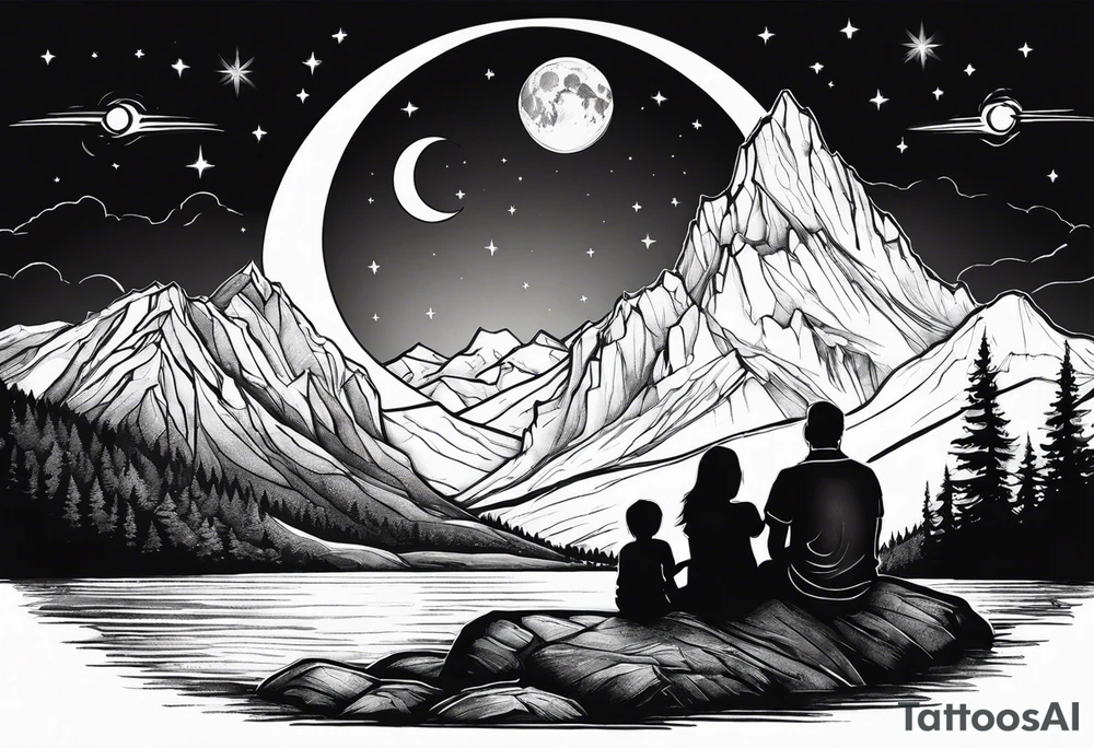 a family of three sitting in a nature with mountains, waterfall, water, and a cross in the background and and moon in the sky with stars tattoo idea