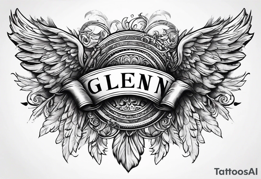 The word Glenn on a banner with angel Wings tattoo idea