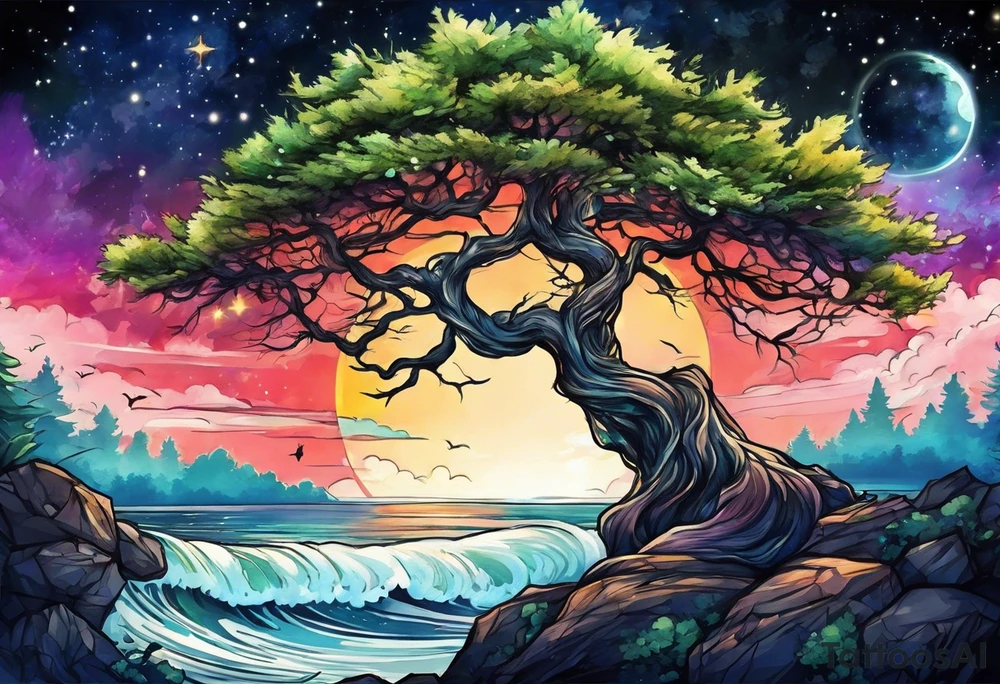 Tree with space fightera in the background tattoo idea