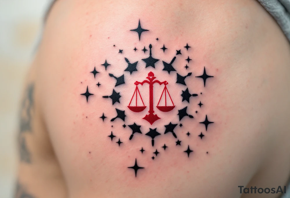Bold black stars outline the Libra star constellation while a red-ink Libra symbol from the center. tattoo idea