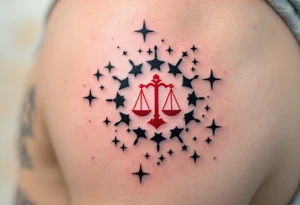 Bold black stars outline the Libra star constellation while a red-ink Libra symbol from the center. tattoo idea