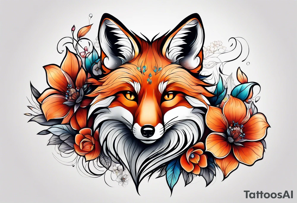 animal fox, flower tattoo idea
