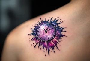 A clock with a shattered glass face, revealing a cosmic nebula behind it in hues of violet, magenta, and deep indigo. tattoo idea