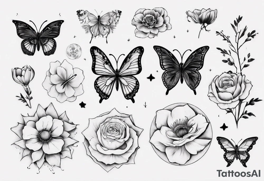 Butterflies and flowers in a moon tattoo idea