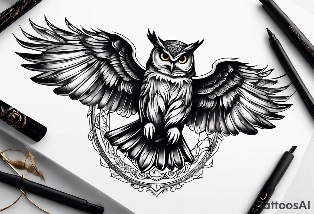 owl flying with libra scale tattoo idea