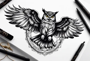 owl flying with libra scale tattoo idea