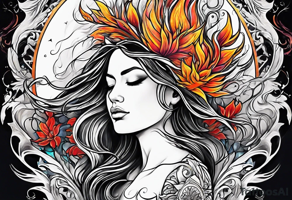Resurrection strength and courage overcoming trauma Beautiful Woman leaving a world of fire, chaos and fear  to inner peace and self-love  ethereal tattoo idea