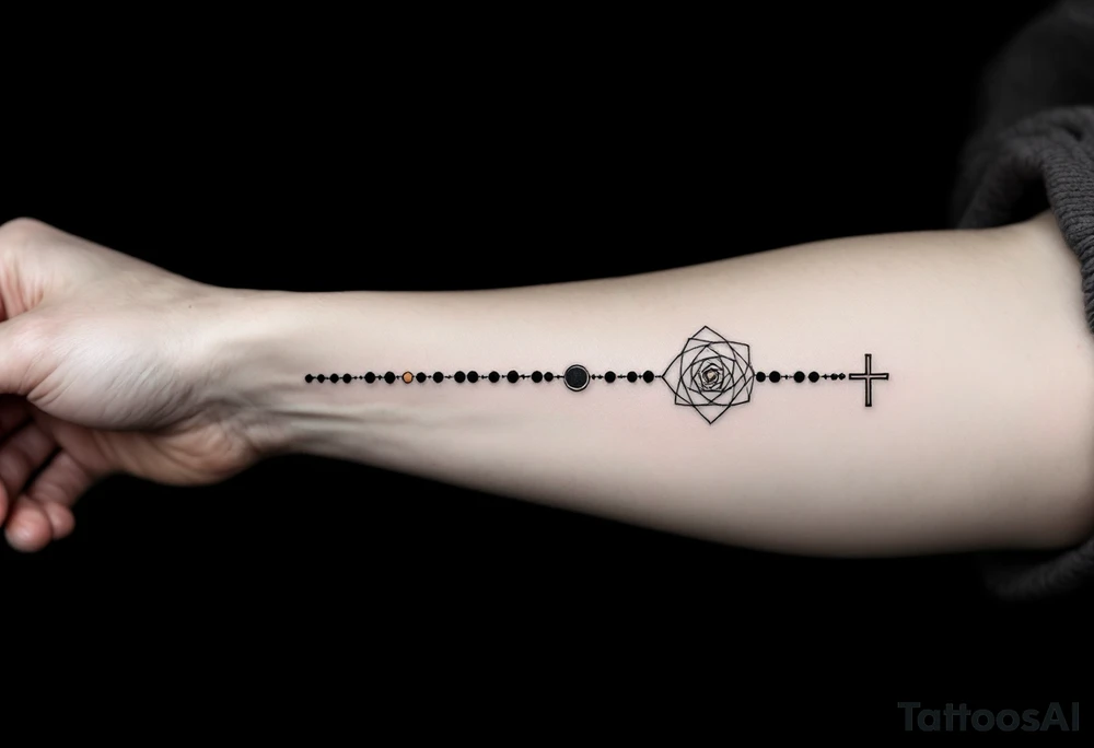 Minimalist geometric rosary tattoo: precise black‑ink circles (beads) decreasing subtly in size, linked by perfectly straight, fine lines to form clean angles rather than curves; the strand drapes in a crisp isosceles‑triangle silhouette across the forearm. Where the pendant would hang, a small concentric‑line cross sits inside a outlined golden‑ratio spiral, all rendered in thin charcoal‑black lines with a single muted‑copper accent on the cross for contrast—overall a sleek, math‑inspired aesthetic with no shading, just pure linework. tattoo idea