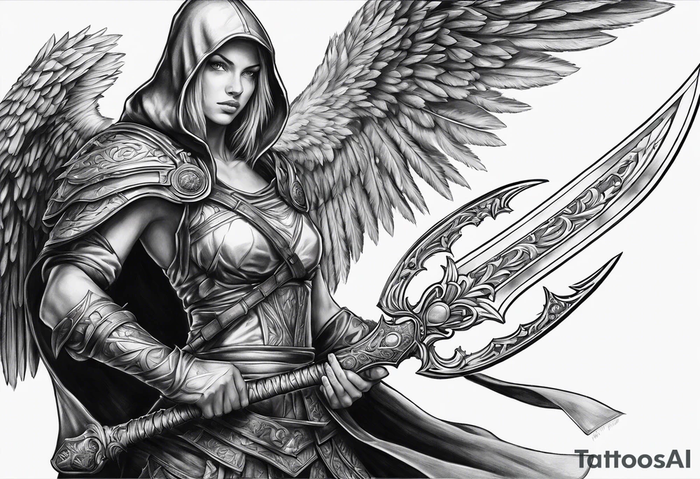 Arch angel hood fighting sword tattoo idea
