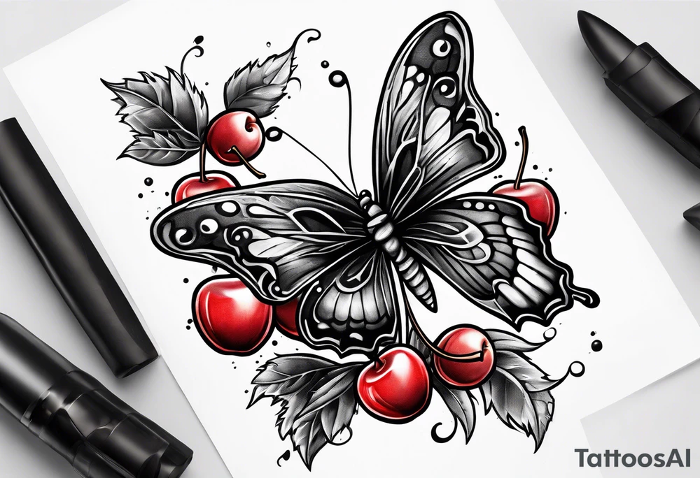 butter fly and two cherry tattoo idea