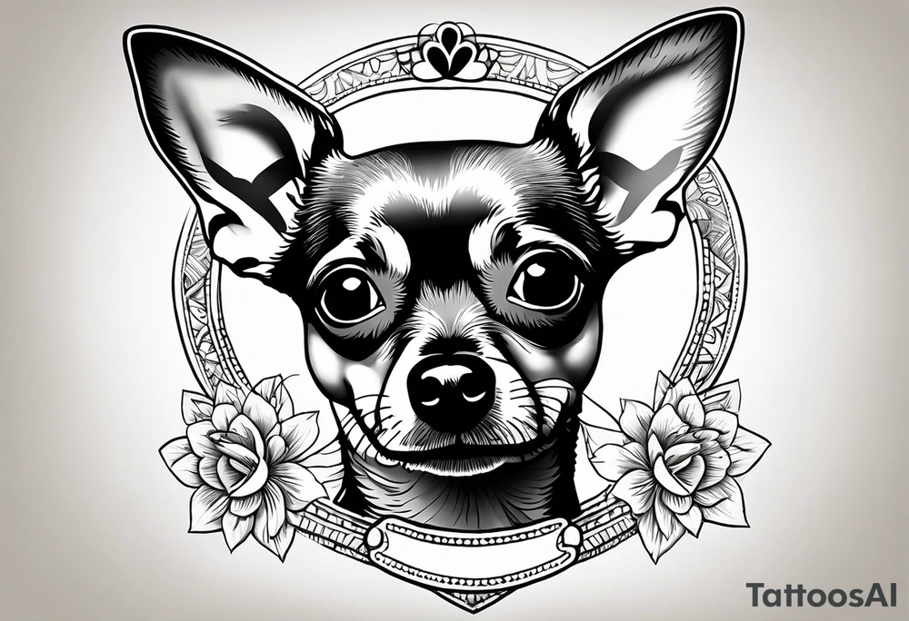 Portrait of tan chihuahua dog with paw print and phrase “loving you changed my life, losing you did the same.” tattoo idea