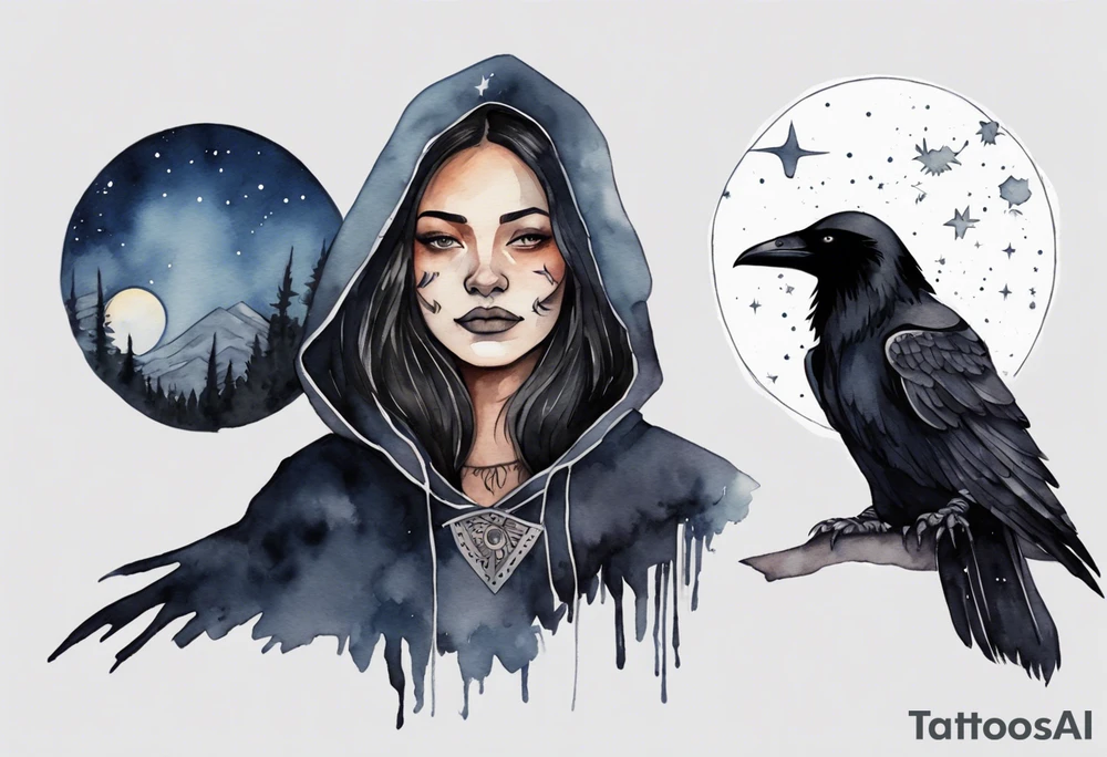 Watercolor of a Dakota woman with a black cloak, standing before the night sky, a raven on her shoulder tattoo idea