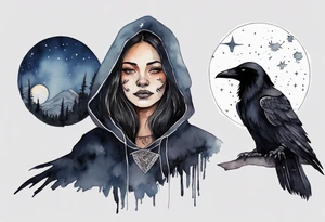 Watercolor of a Dakota woman with a black cloak, standing before the night sky, a raven on her shoulder tattoo idea