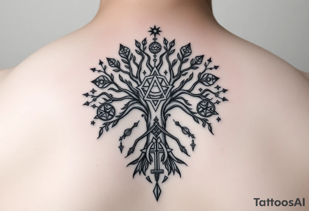 geometrical mystical tree of life with the star of David and cross cosmic roots and celestial symbols branches with HIV-positive symbol tattoo idea