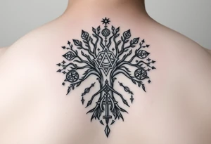 geometrical mystical tree of life with the star of David and cross cosmic roots and celestial symbols branches with HIV-positive symbol tattoo idea