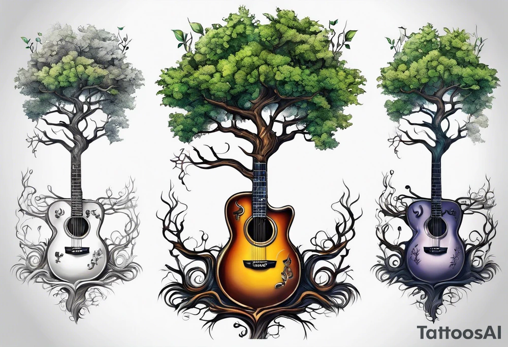 tree with guitar neck as trunk and roots are an anchor tattoo idea