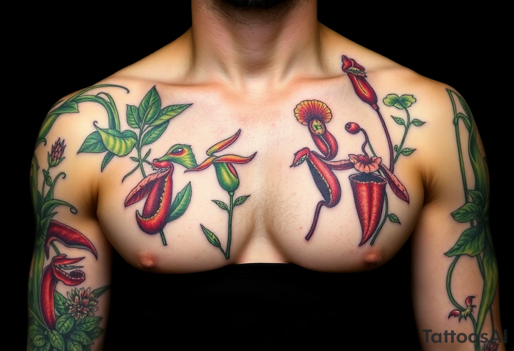 carnivorous plants neck, chest, back, and arm sleeves
I want these spots covered in these plants, ranging from venus fly traps to others
Make it masculine looking, I want it to look kinda like a plant guide book tattoo idea