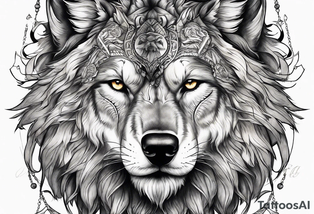 A powerful wolf with lions main tattoo idea