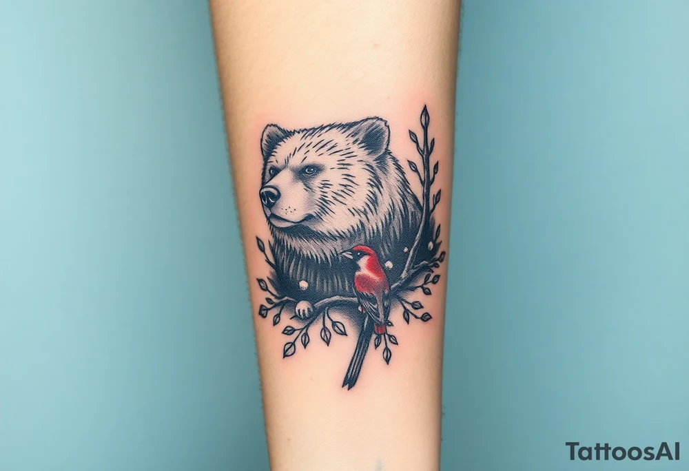 Realistic Woodland with a bear, woodpecker and cardinal tattoo idea