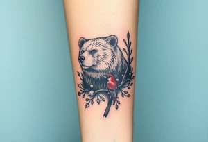 Realistic Woodland with a bear, woodpecker and cardinal tattoo idea