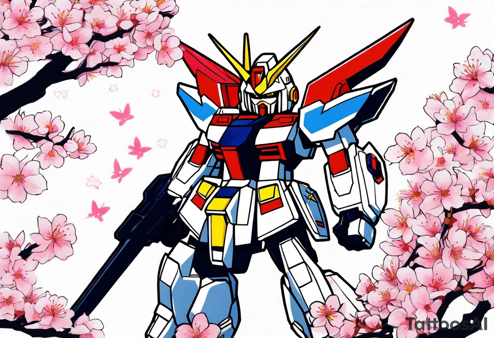 SD gundam surrounded by cherry blossoms tattoo idea