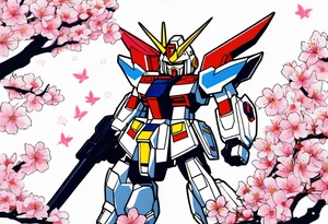SD gundam surrounded by cherry blossoms tattoo idea