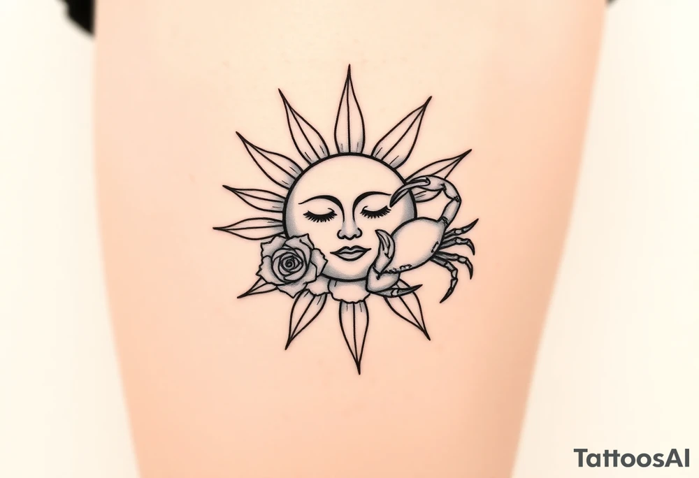 Sun with simple face, rose, and crab traditional tattoo idea