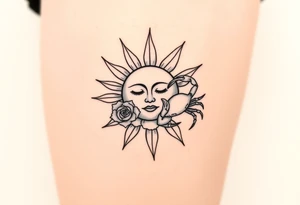 Sun with simple face, rose, and crab traditional tattoo idea