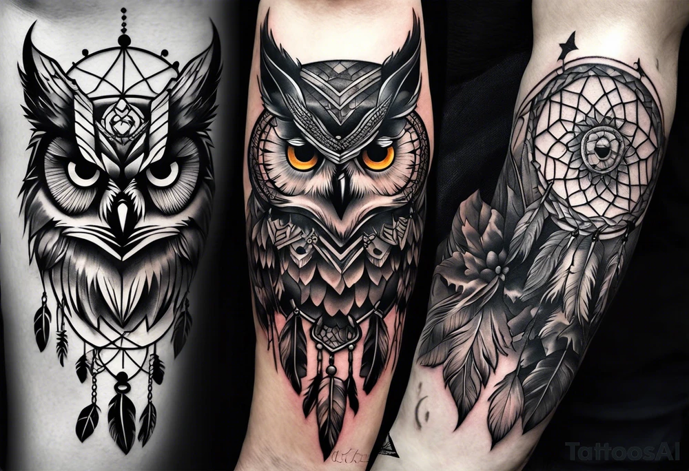 owl, wolf, beaver, and dream catcher tattoo idea
