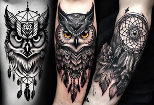 owl, wolf, beaver, and dream catcher tattoo idea