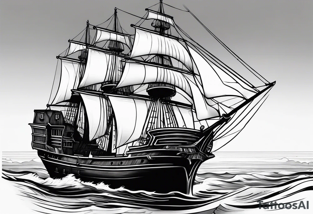large and dark wooden ship facing left 2 dimensional tattoo idea