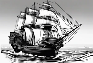 large and dark wooden ship facing left 2 dimensional tattoo idea