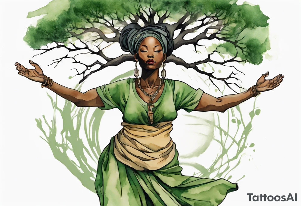 a tree trunk with roots that is a black woman from the waist up, arms reaching up to the sun, wearing a green tunic tattoo idea