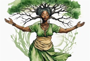 a tree trunk with roots that is a black woman from the waist up, arms reaching up to the sun, wearing a green tunic tattoo idea
